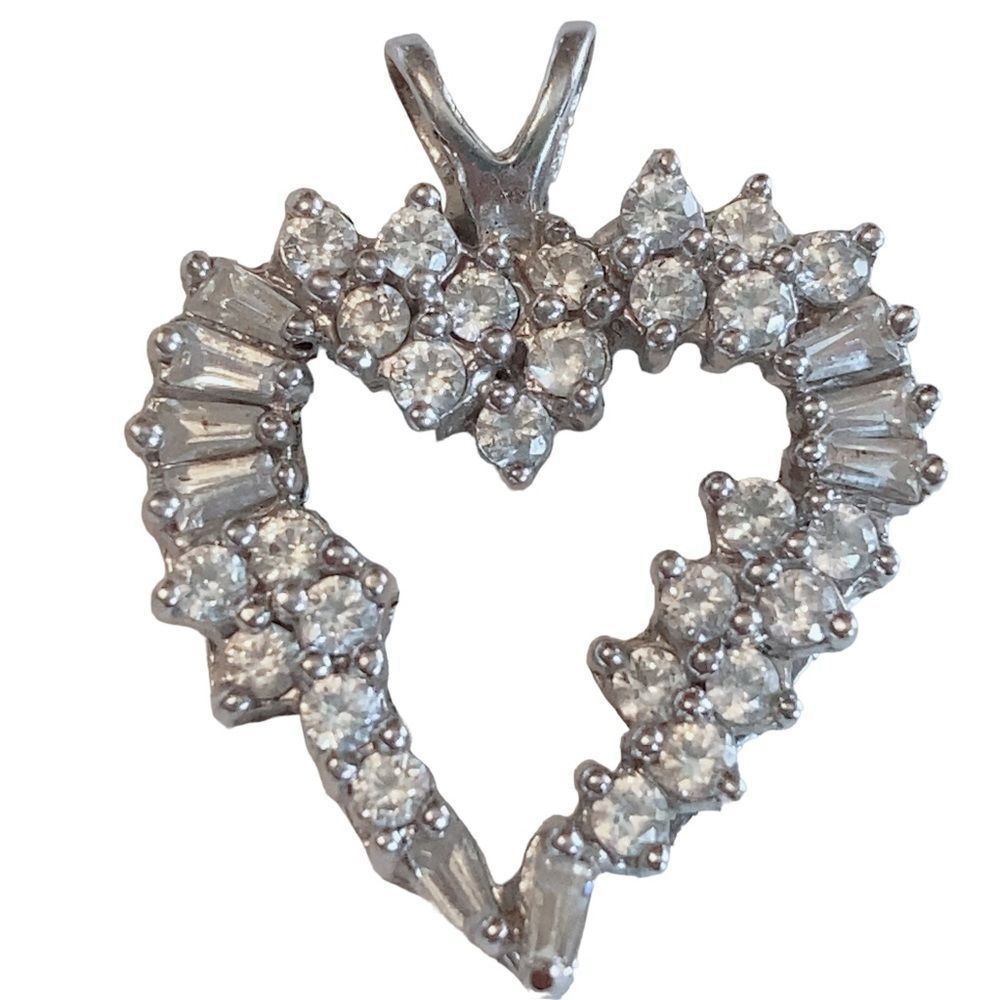Round & Baguette Cut CZ Cubic Zirconia 10K 10KT White Gold Open Heart Pendant